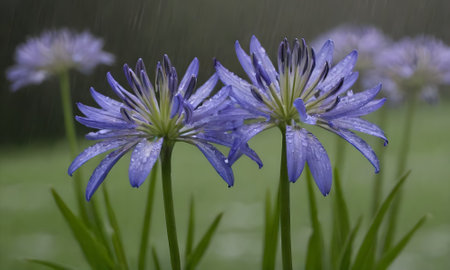 Purple flowers in the rain. Shallow depth of field.の写真素材