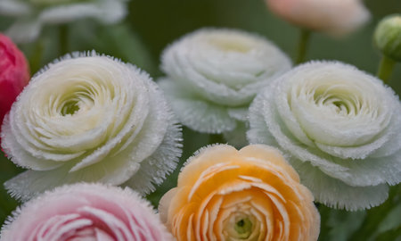 Close up of ranunculus flowers in a wedding bouquet.の写真素材