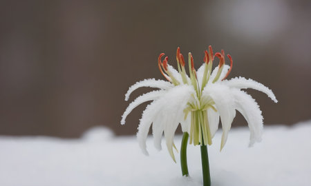 Beautiful white lily flower in the snow, close-upの写真素材