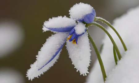 snowdrop flower in the snow, close-up, macroの写真素材