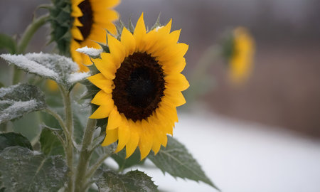 Sunflower in the snow. Sunflower blooming in the winter.の写真素材