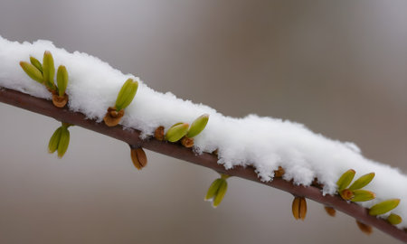 Close up view of a branch of a tree covered with snow.の写真素材