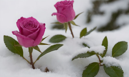 pink roses in the snow, winter background, close-upの写真素材