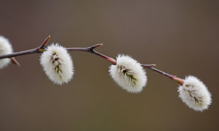 pussy willow branch with white buds in early spring on blurred backgroundの写真素材