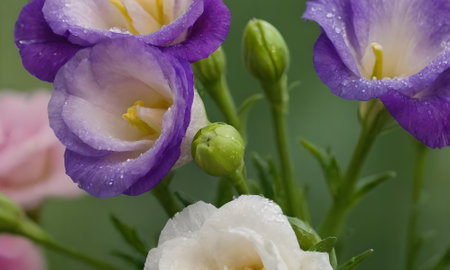 Purple and white eustoma flowers with water drops on petalsの写真素材