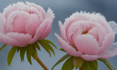 pink peonies in hoarfrost on a dark blue backgroundの写真素材
