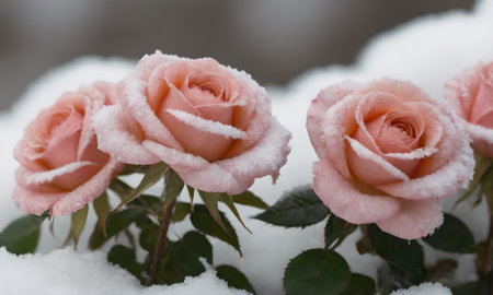 pink rose in the snowの写真素材