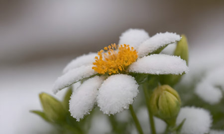 Snowy flower with yellow pistils and green leaves on blurred backgroundの写真素材
