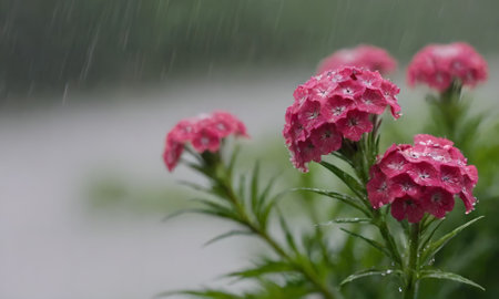 rain drops on pink flowers in the garden with blurred background and bokehの写真素材