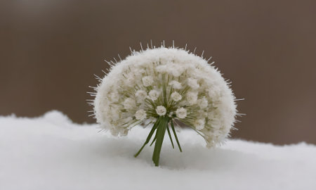 Snowy dandelion flower in the snow. Winter background.の写真素材