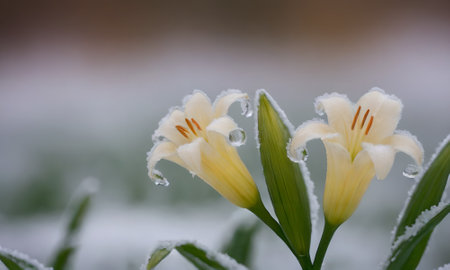 Lily flower in the garden after a snowfall, close upの写真素材
