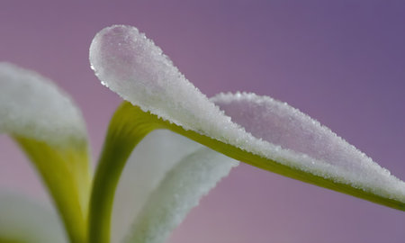 Close up of snow on white flower petals, shallow depth of fieldの写真素材