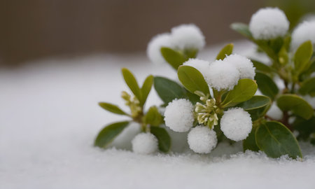 Snowy green bush with snowflakes on white snow background.の写真素材