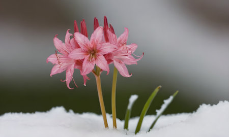 Pink rhododendron flower in the snow on a blurred backgroundの写真素材