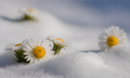 daisies in the snow on a background of blue sky.の写真素材