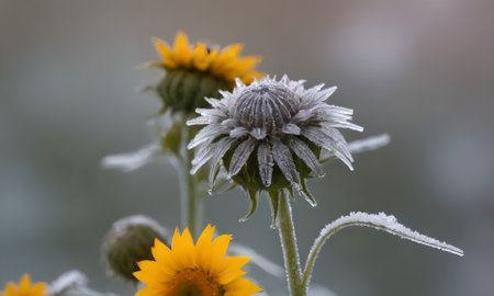 Close up of sunflowers covered with hoarfrost in winterの写真素材