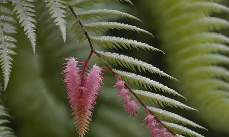 Close up of a pink flower and green fern leaves in the rain