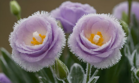 purple crocus flowers in the frost, macro, close upの写真素材