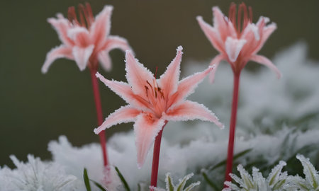 Pink lily flower in the snow. Close-up. Shallow depth of field.の写真素材