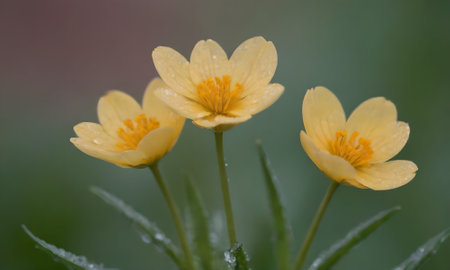 Close up of yellow buttercup flowers (Anemone ranunculoides)の写真素材