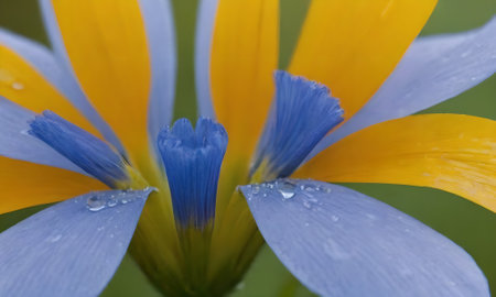 Close up of blue and yellow iris with water drops on petalsの写真素材