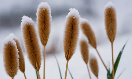 Close up of reed in the snow. Winter nature background.の写真素材