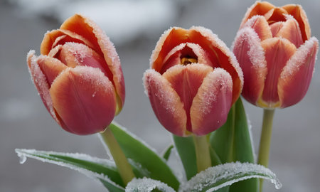 Tulip flowers covered with hoarfrost, close-upの写真素材