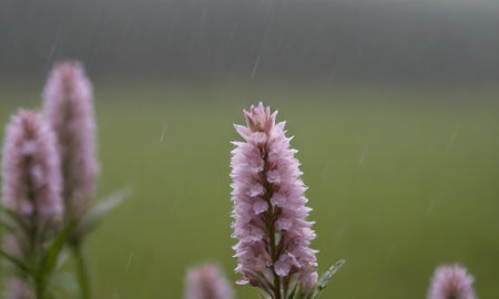 Pink flower in the rain. Shallow depth of field. Selective focus.の写真素材