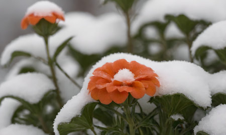 Orange flowers under the snow in the garden. Selective focus.の写真素材