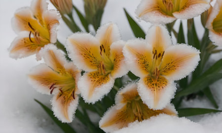 Flowers of alstroemeria in the snow, close-upの写真素材
