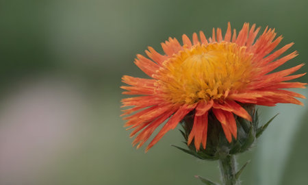 Close up of an orange flower on a green background with copy spaceの写真素材