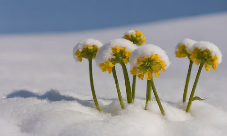 Yellow flowers under the snow in the mountains of the Altai Republicの写真素材