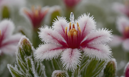Close up of pink flowers covered with hoarfrost and snow.の写真素材