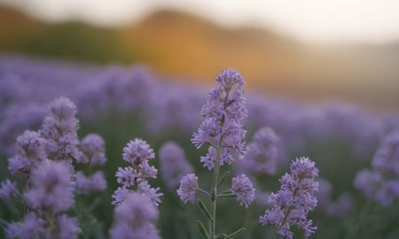 Lavender flowers in the field at sunset. Selective focus.の写真素材
