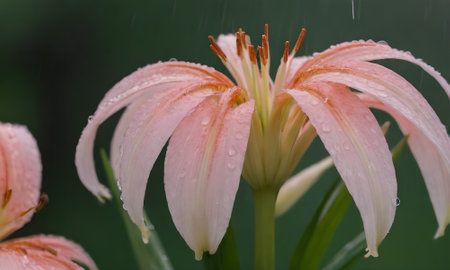 pink lily flower with rain drops on petals close upの写真素材