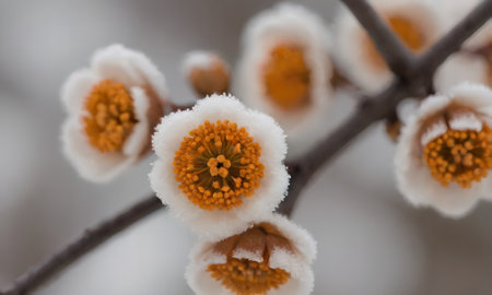 White flowers on a tree branch covered with hoarfrost in winterの写真素材