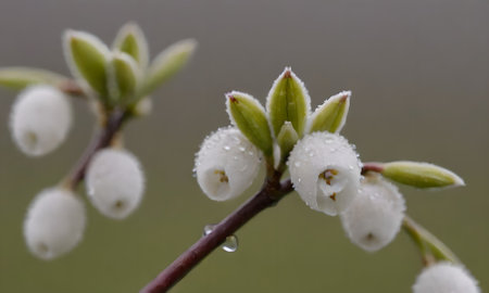 Close-up of the flowers of a blueberry with dew dropsの写真素材
