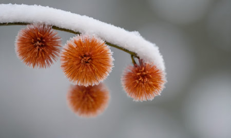 Close up of snow covered red flowers on a tree branch in winterの写真素材