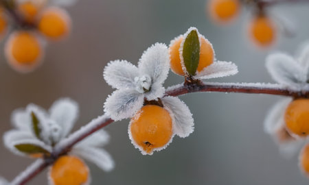 Sea buckthorn berries covered with hoarfrost on a branchの写真素材