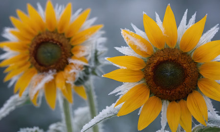 Sunflowers covered with hoarfrost in winter, close upの写真素材