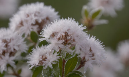 Ice crystals on the leaves of a bush in winter. Macro.
