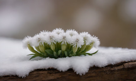 bouquet of white flowers on a wooden background in the snowの写真素材