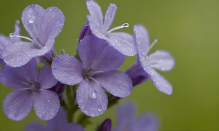 purple flowers with water drops on green background, close-upの写真素材