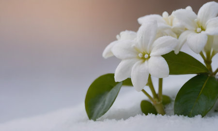 Close up of white jasmine flower on snow background with copy spaceの写真素材