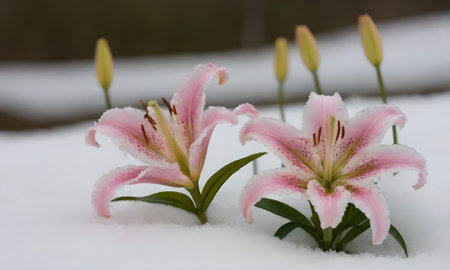 Pink lily flowers in the snow, close-up, selective focusの写真素材