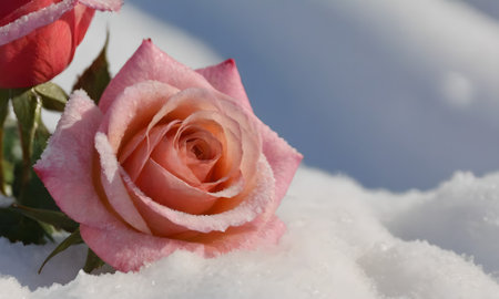 pink rose in the snow with snowflakes on the backgroundの写真素材