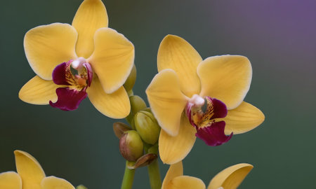 Beautiful yellow orchids on a green background, close-upの写真素材