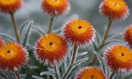 Strawflowers covered with hoarfrost on a cold winter dayの写真素材