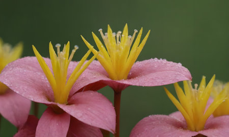 Close up of a pink flower with yellow stamens and water drops