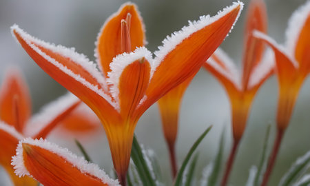 Orange crocus in the snow, close-up, selective focusの写真素材